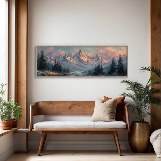 Sunlit Mountain Peaks at Dawn Over Frosted Forest