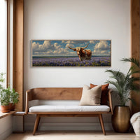 Texas Longhorn Standing in Blooming Bluebonnet Field