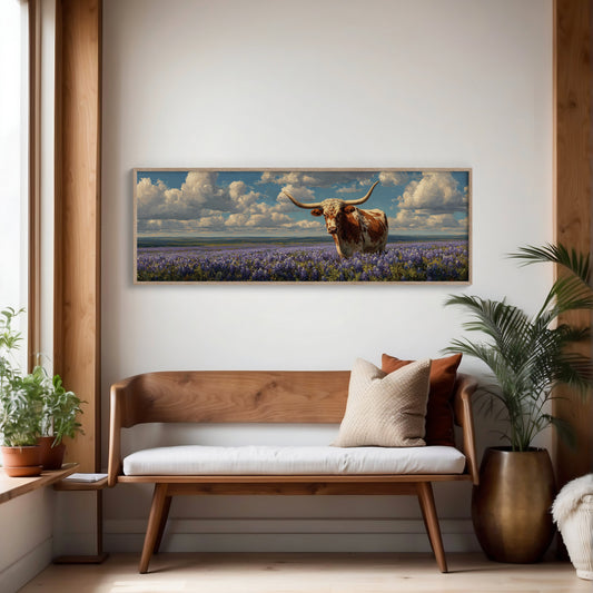 Texas Longhorn Standing in Blooming Bluebonnet Field