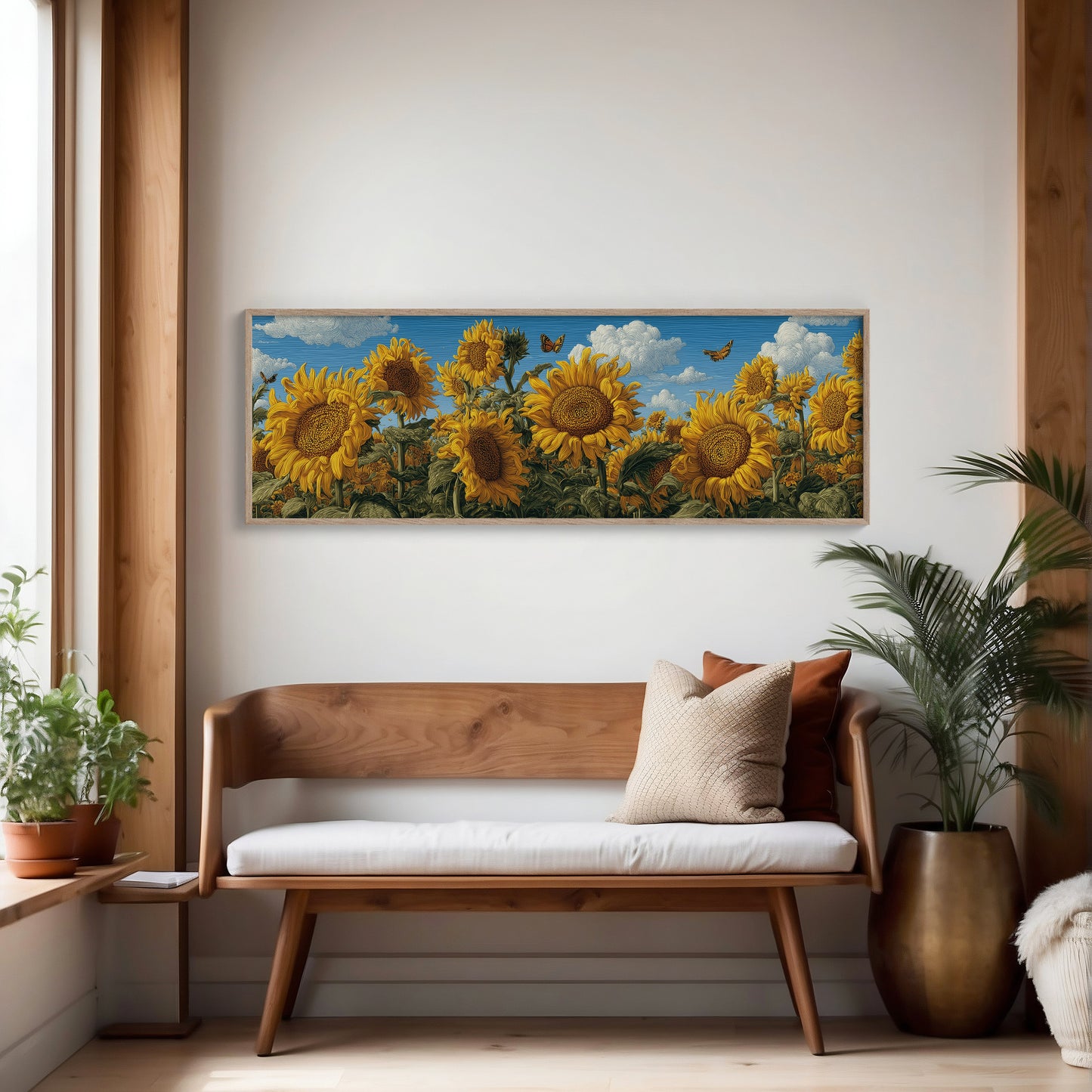 Sunflowers Beneath a Carved Sky