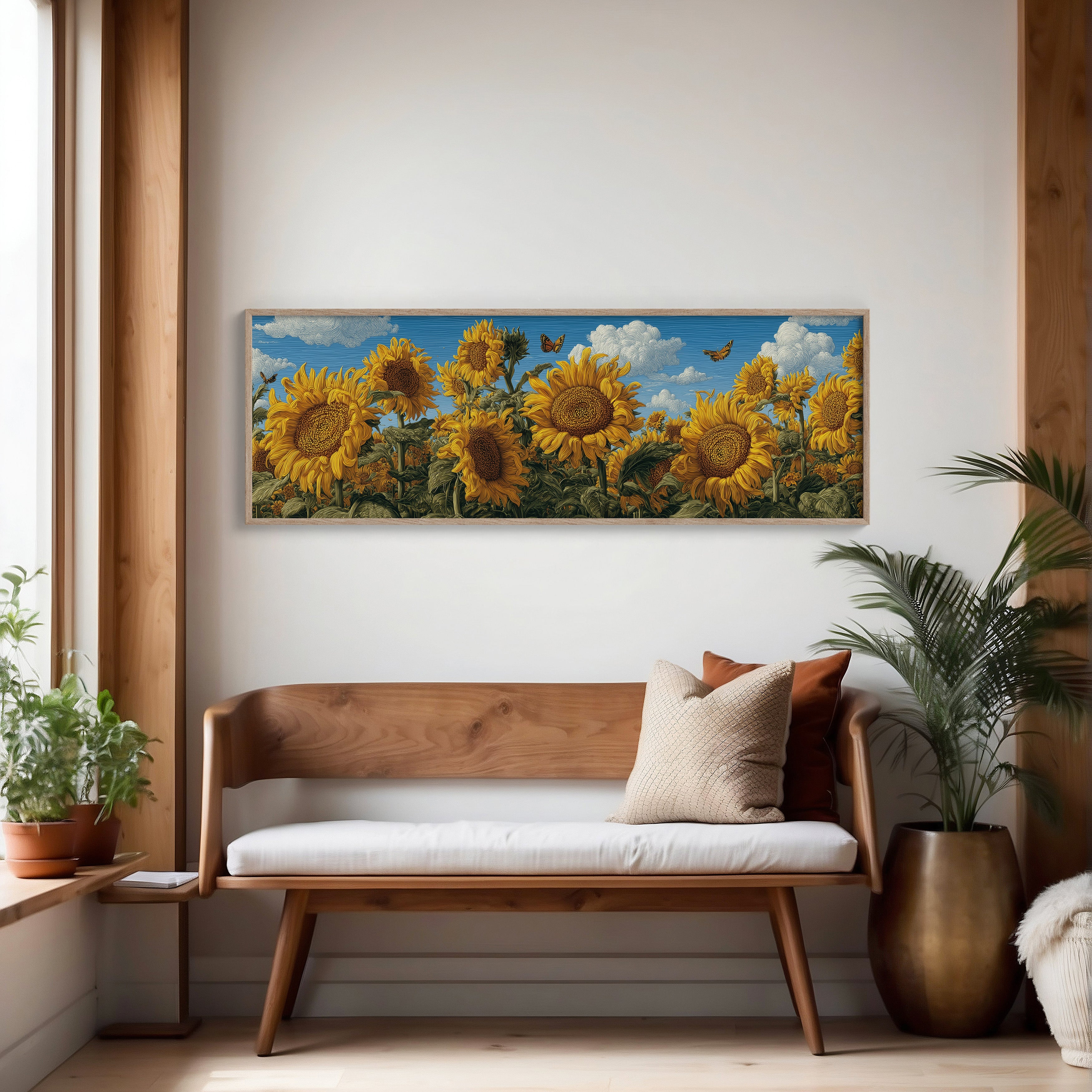 Sunflowers Beneath a Carved Sky