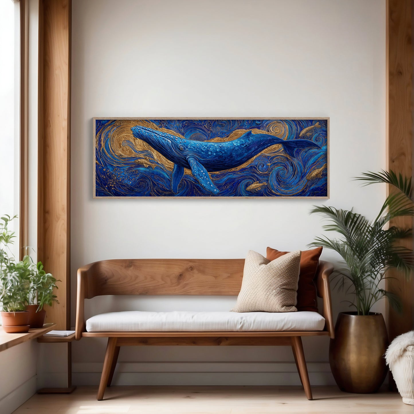 Majestic Blue Whale in Golden Ocean Swirl