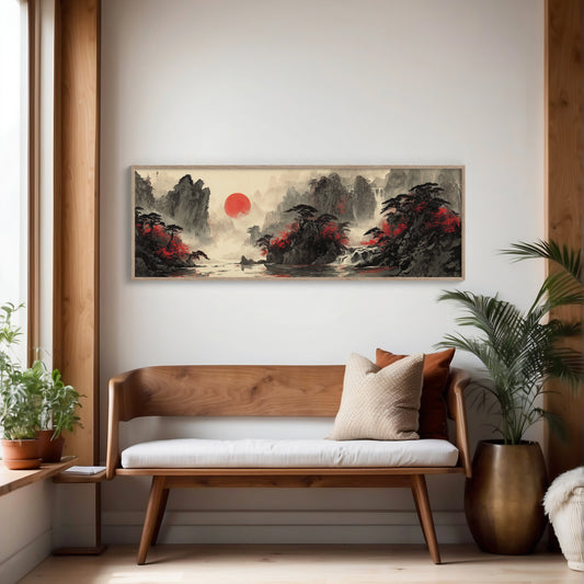 Crimson Trees Beneath a Rising Sun