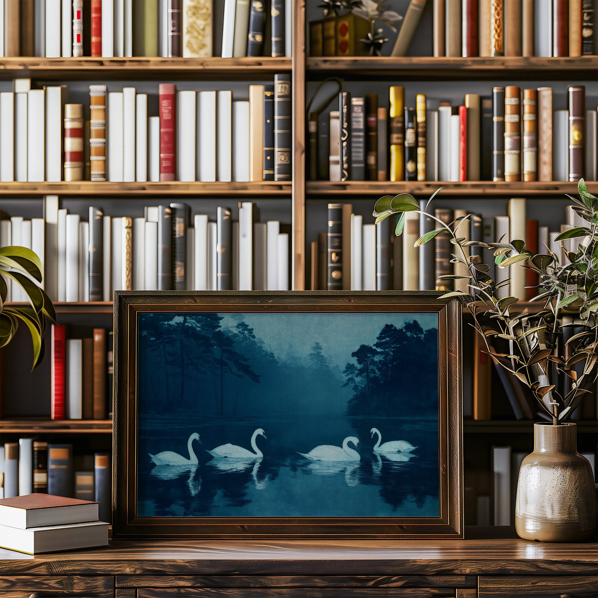 Swans Beneath the Midnight Mist