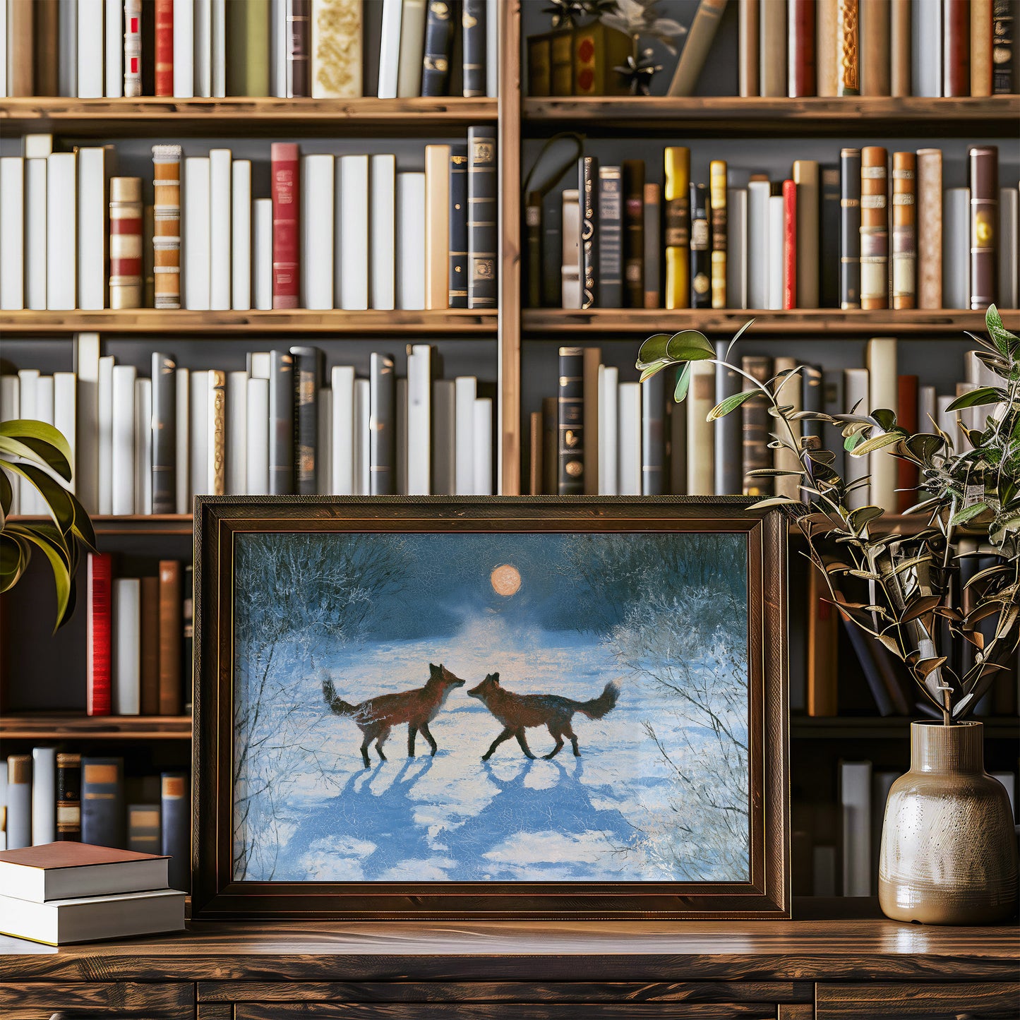 Two Foxes Under Winter Moon