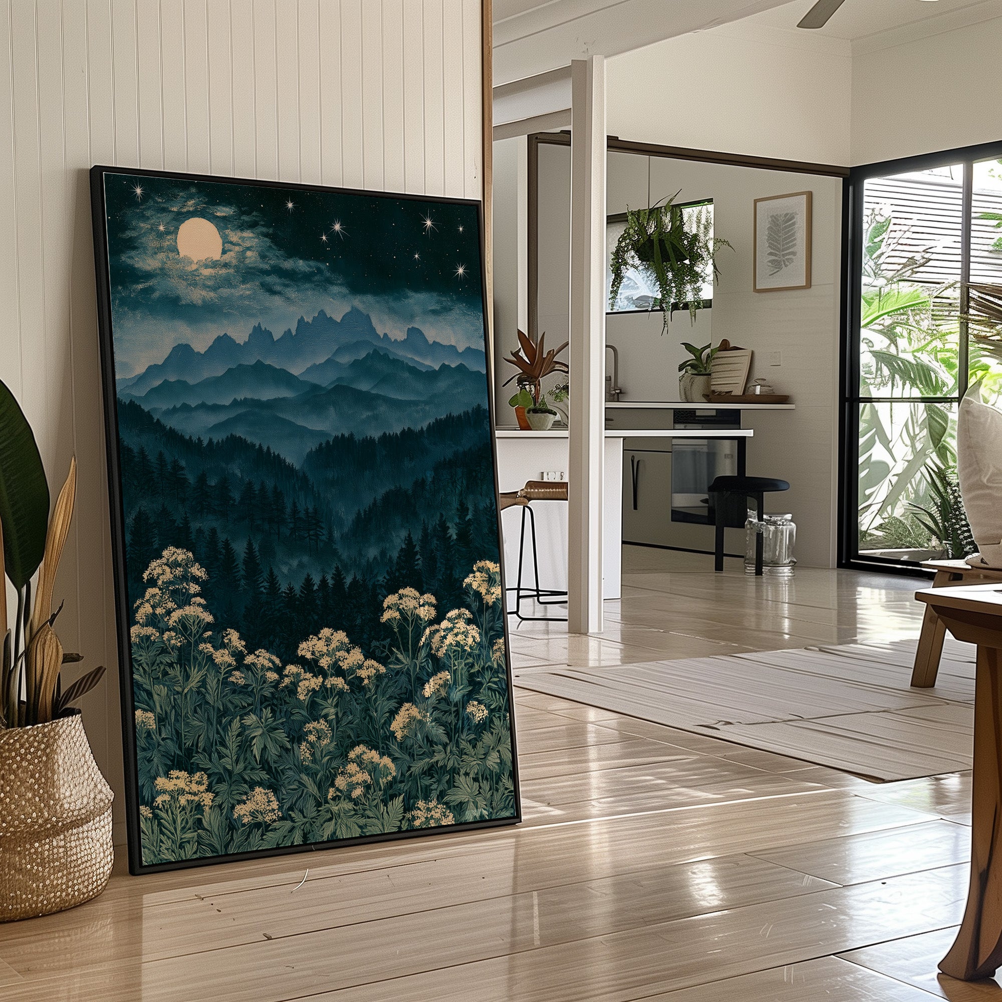 Moonlit Mountains Meet Wildflowers