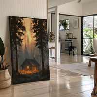 Cabin Glowing In Forest Fire Light
