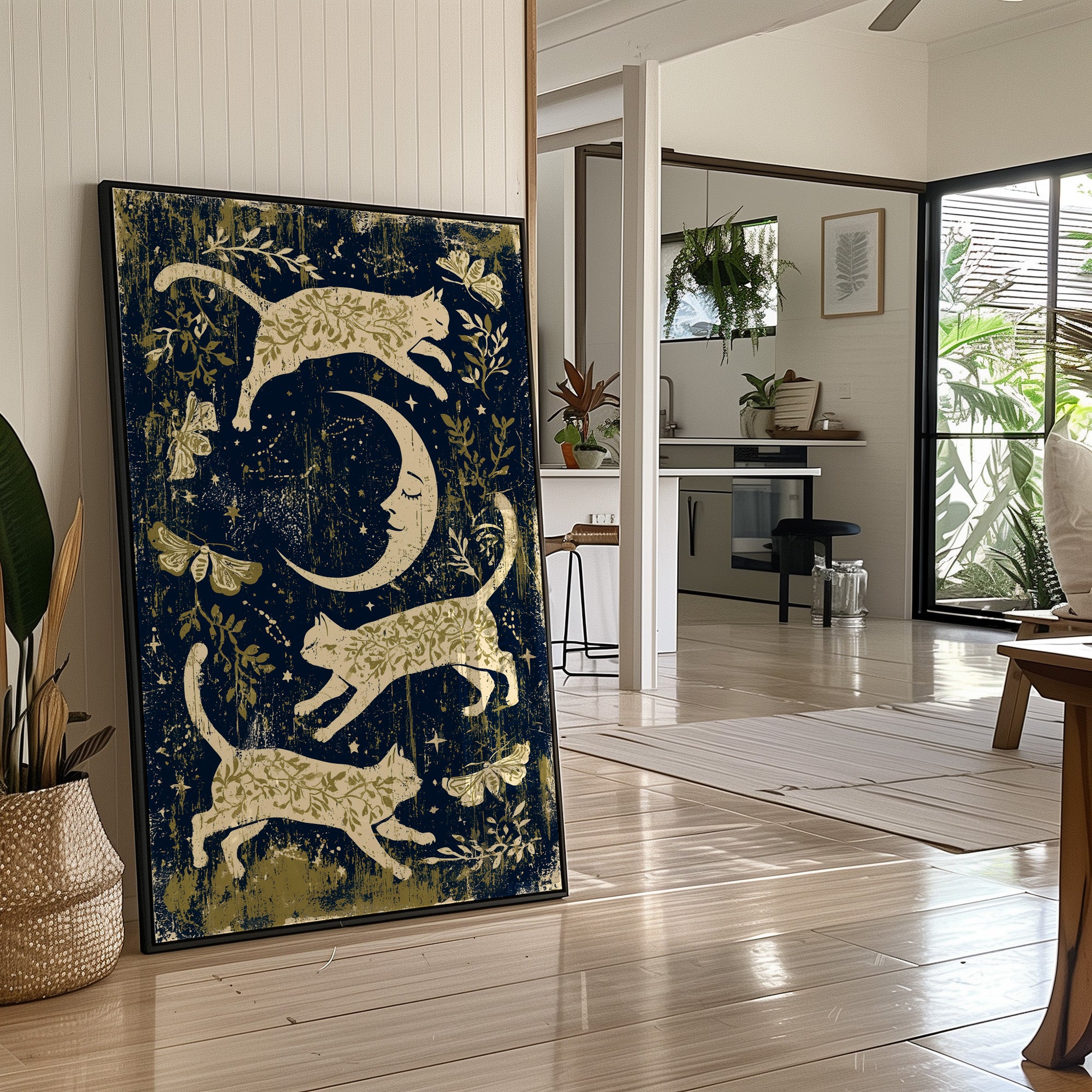 Cats Leaping Around Crescent Moon