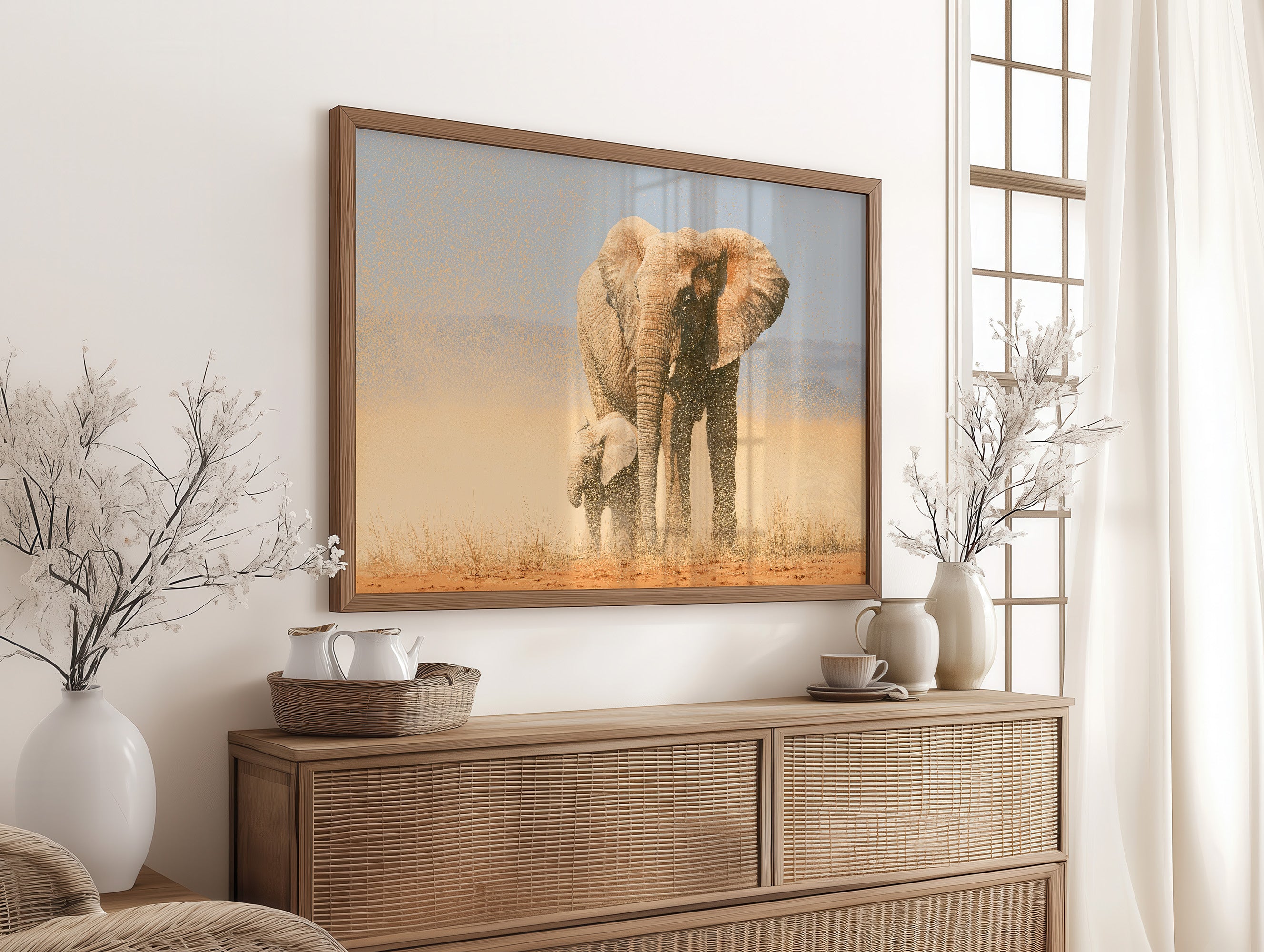 Elephant Mother, Dust and Calf