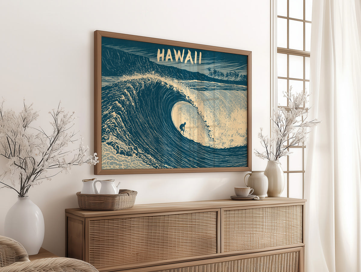 Hawaii Barrel Wave Woodcut