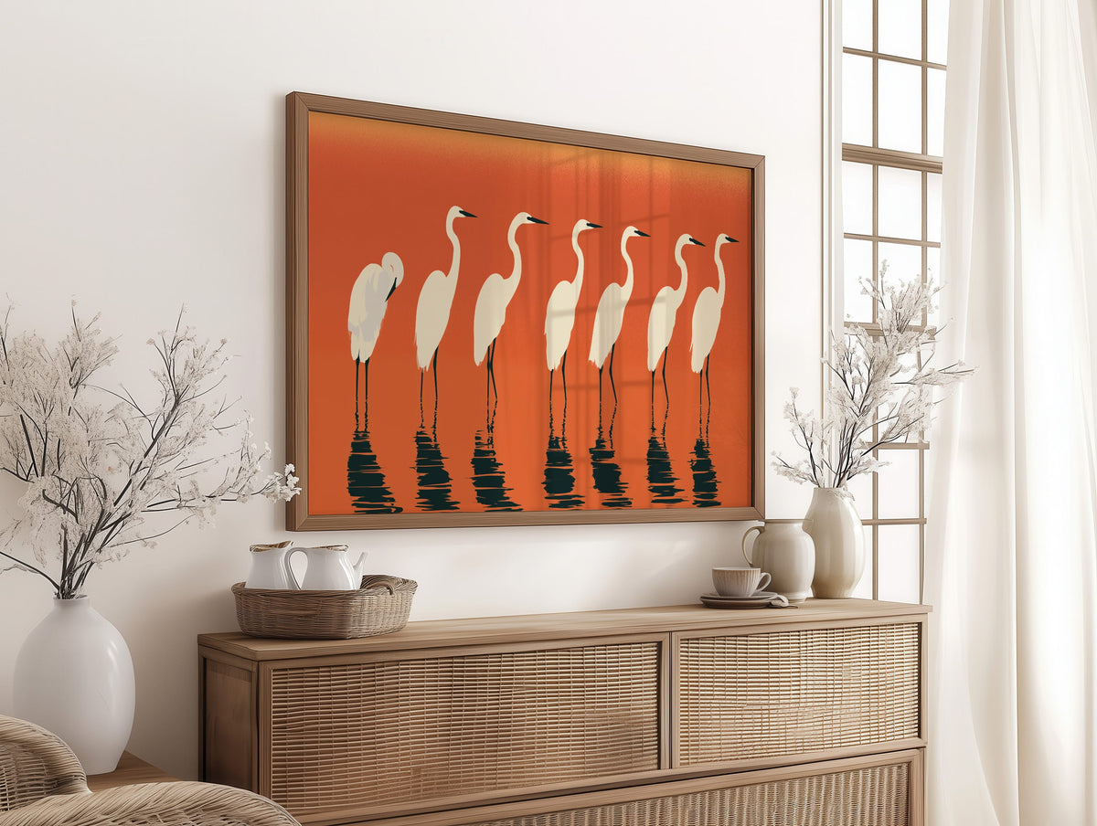 Egrets Wading Burnt Sunset