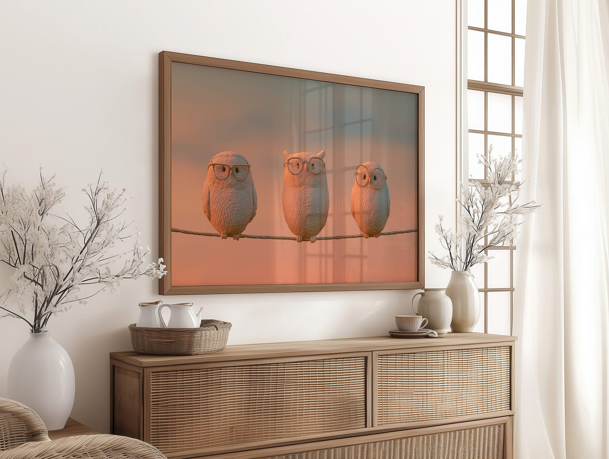 Bespectacled Owls on a Wire