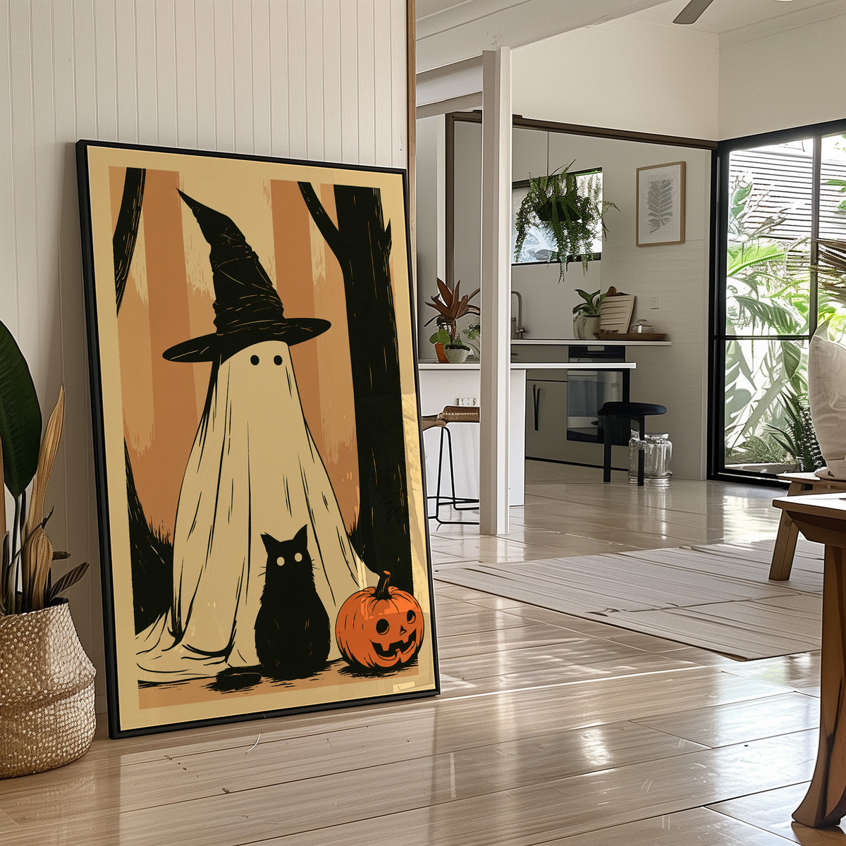 Ghost, Cat, and Jack-o'-Lantern