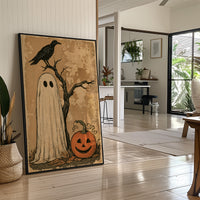 Ghost, Crow, and One Grinning Pumpkin