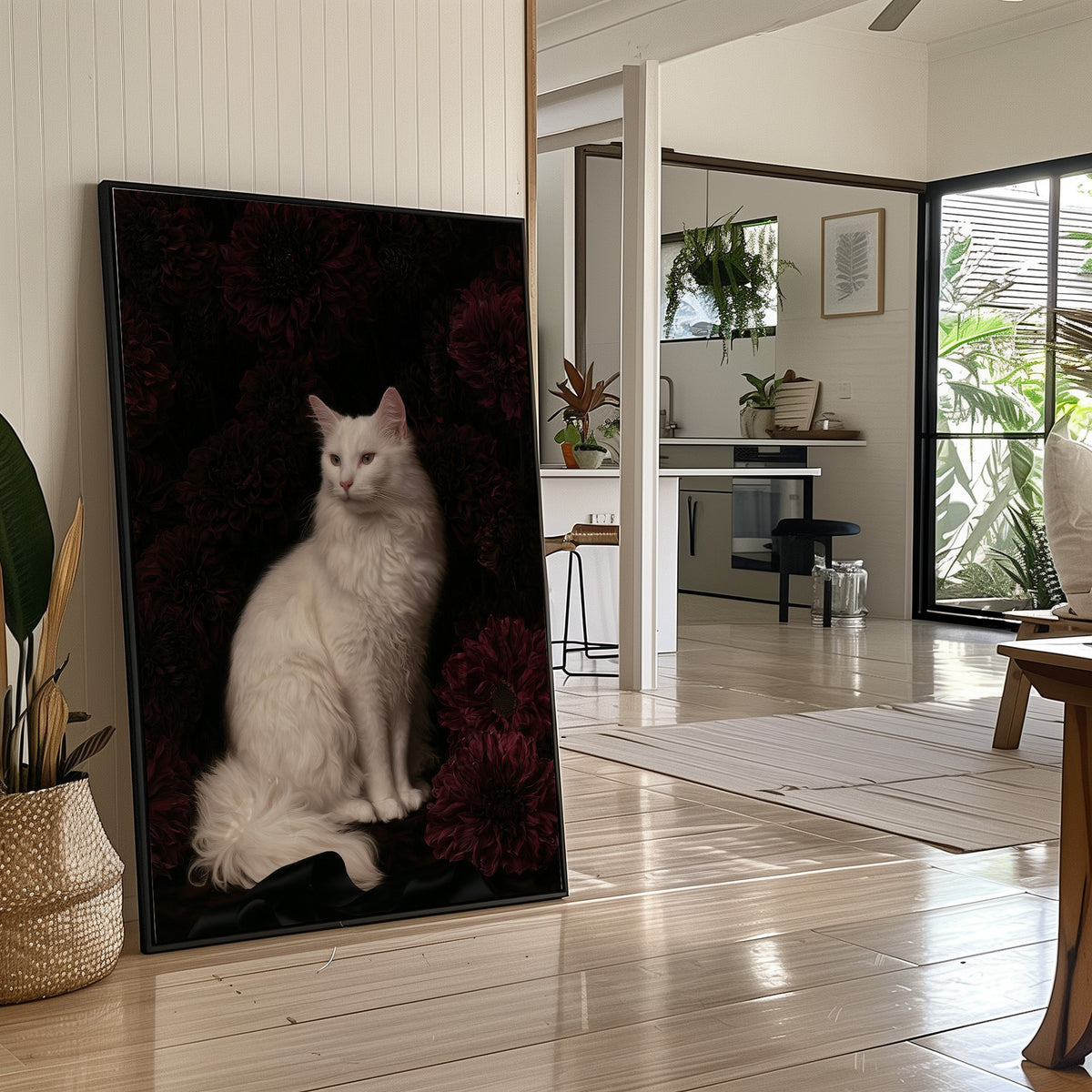 White Cat, Black Chrysanthemums