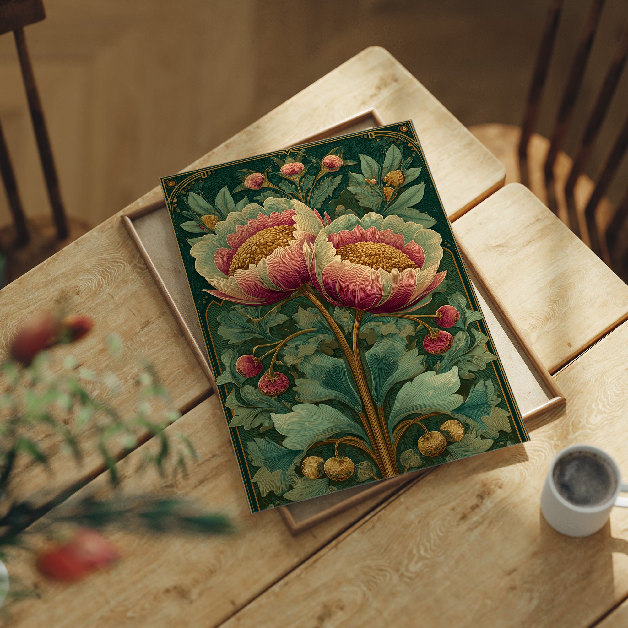 Two Peonies, One Gilded Stem
