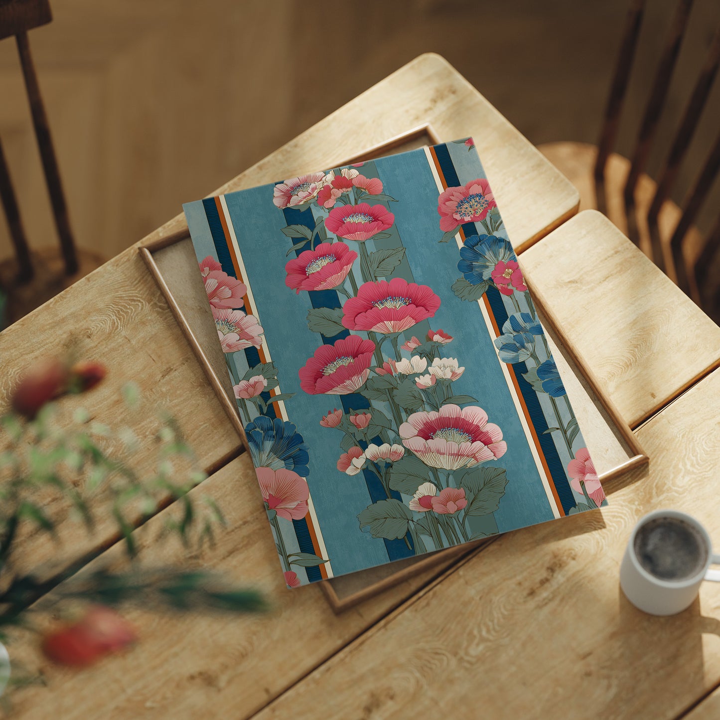 Hot Pink Blooms on Faded Blue