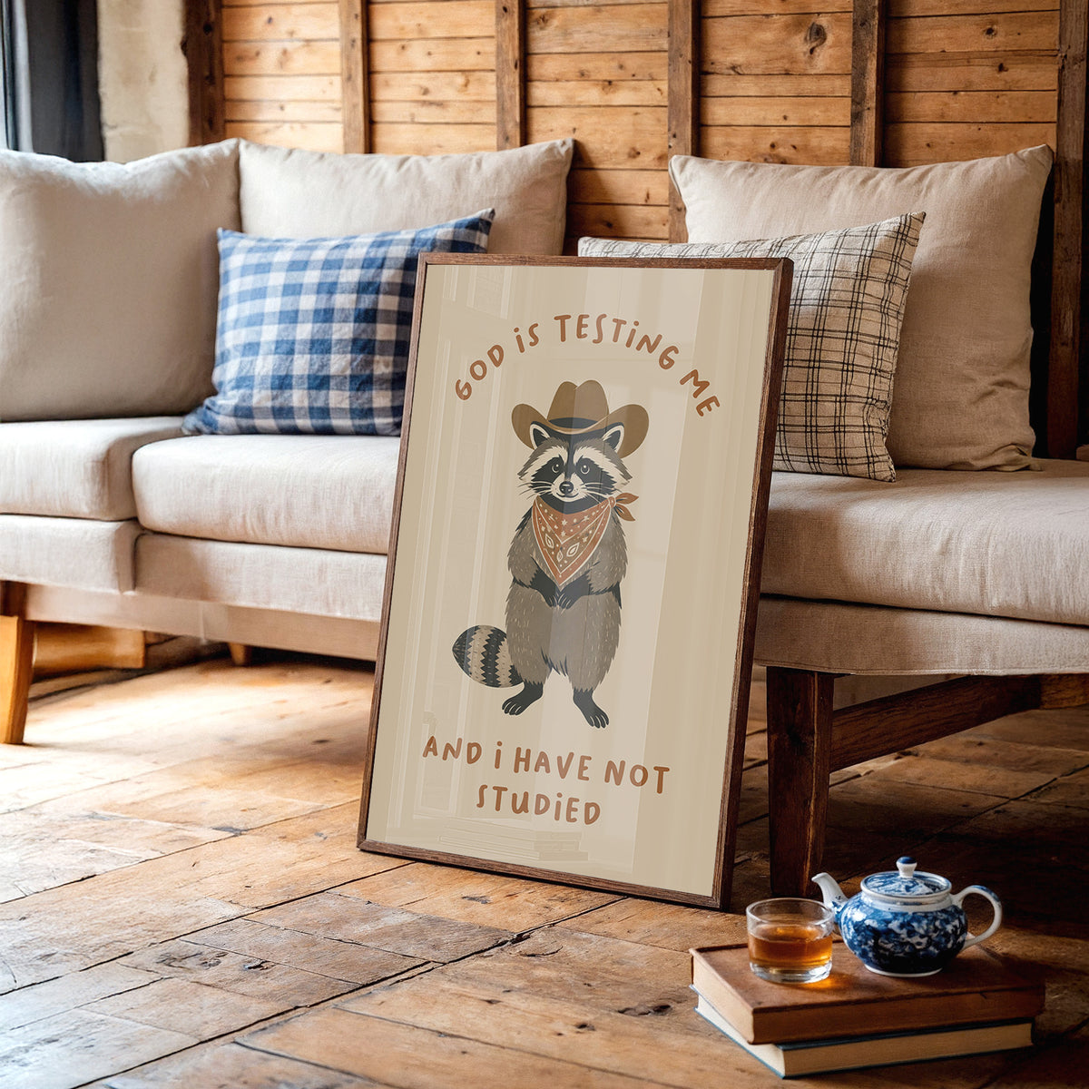 God Is Testing Me — Painterly Cowboy Raccoon Print