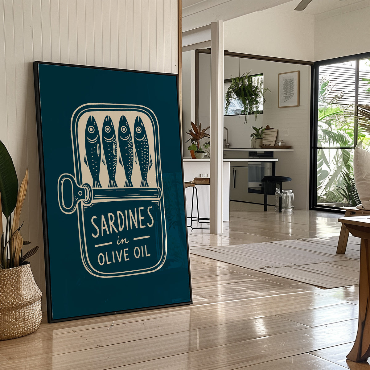 Sardines in Olive Oil — Teal Woodcut Tin Print
