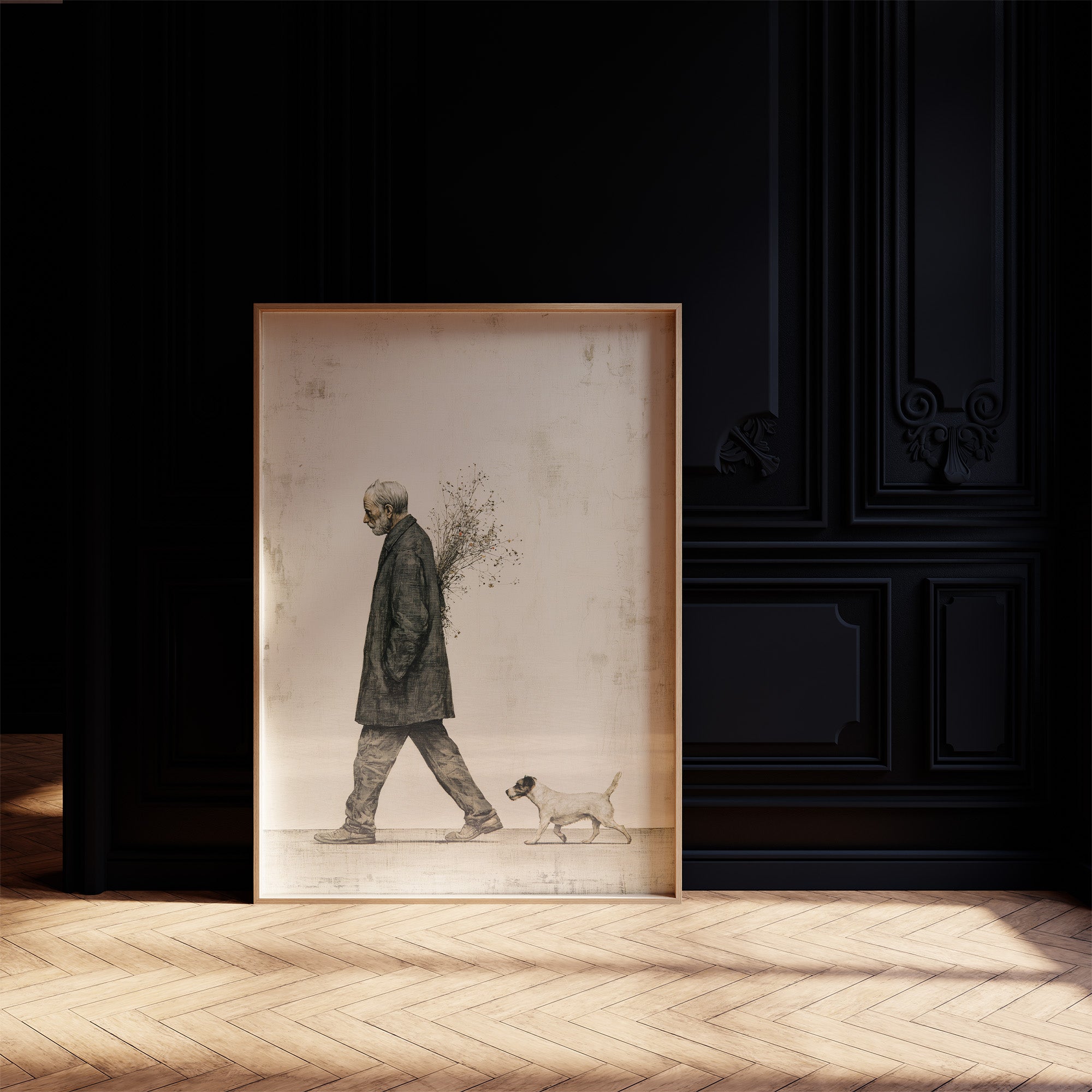 The Old Man Carrying Wildflowers — Surreal Figurative Print