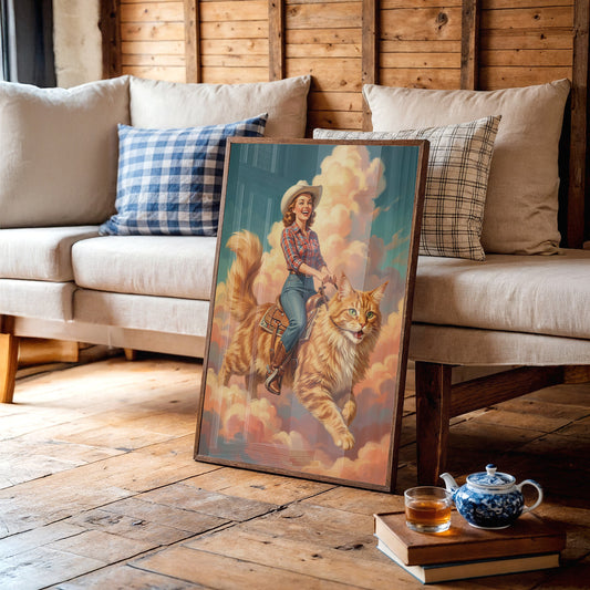 Cowgirl on a Giant Cat — Painted Western Fantasy Print