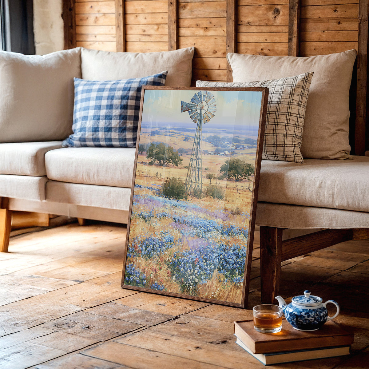 Windmill and Bluebonnets — Texas Hill Country Oil Print