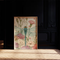 Dragonfly Among Carnations — Garden Bed Botanical Print