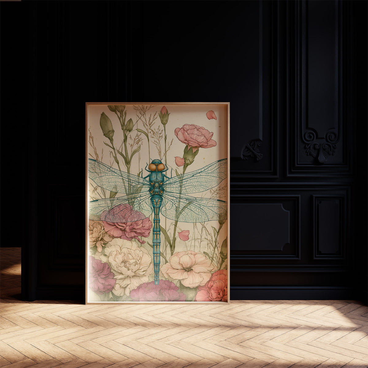 Dragonfly Among Carnations — Garden Bed Botanical Print