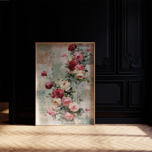 Climbing Roses on Plaster — Crimson Drip Impasto Painting