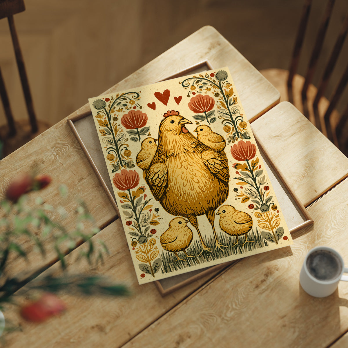 Mother Hen and Chicks — Folk Art Farmhouse Print