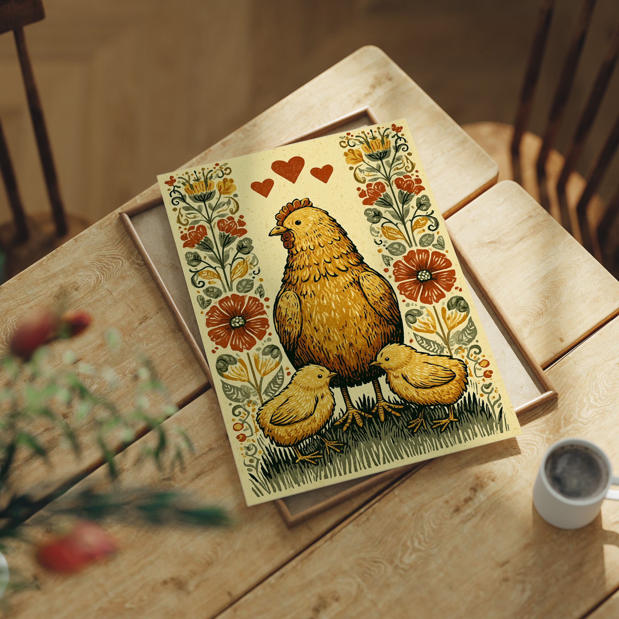 Mother Hen and Chicks — Poppy Border Folk Art Print