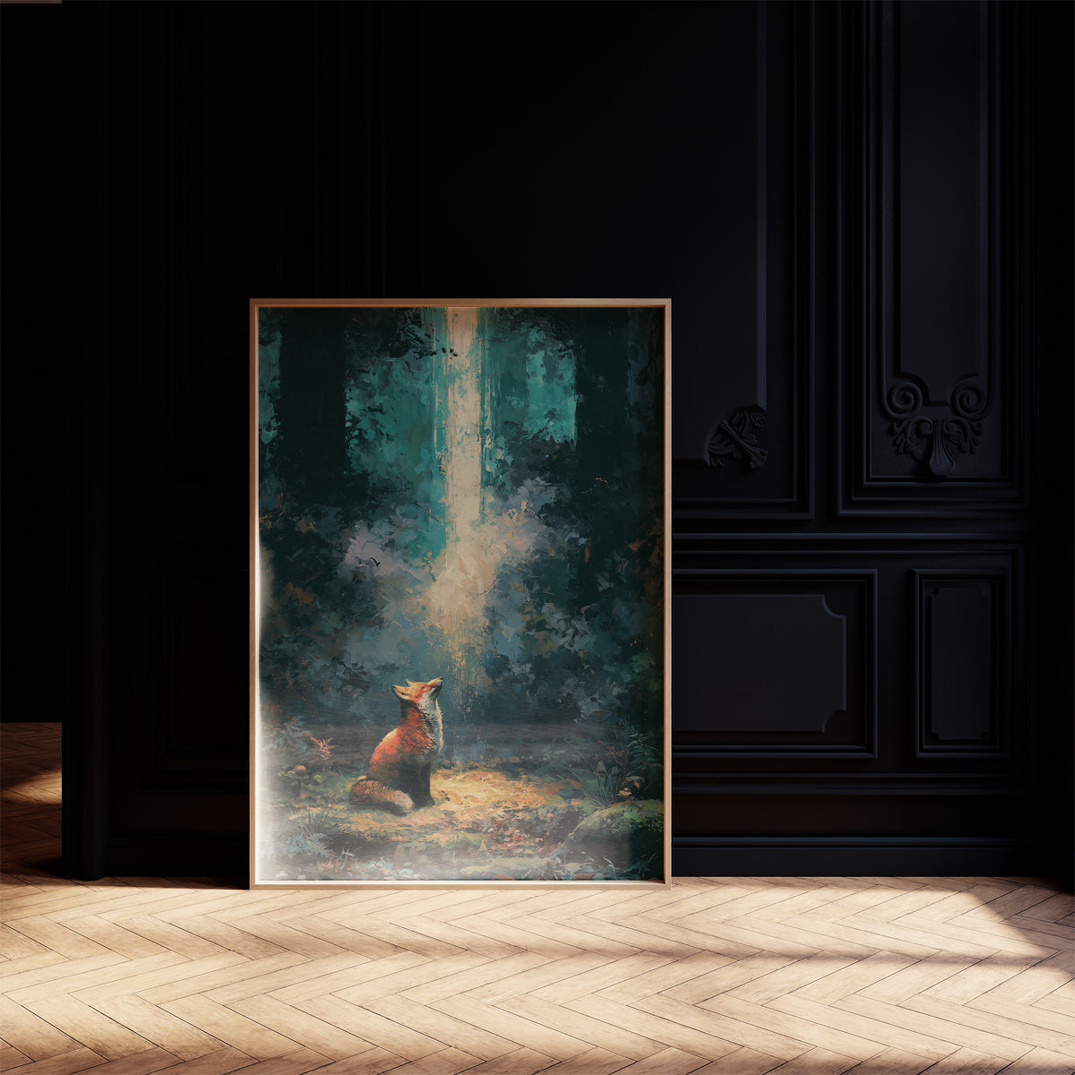 Fox in the Cathedral Light — Dark Forest Oil Painting