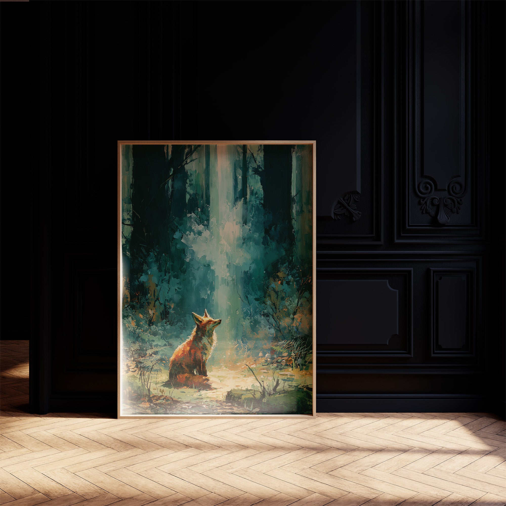 Fox in the Cathedral Light — Emerald Forest Oil Painting