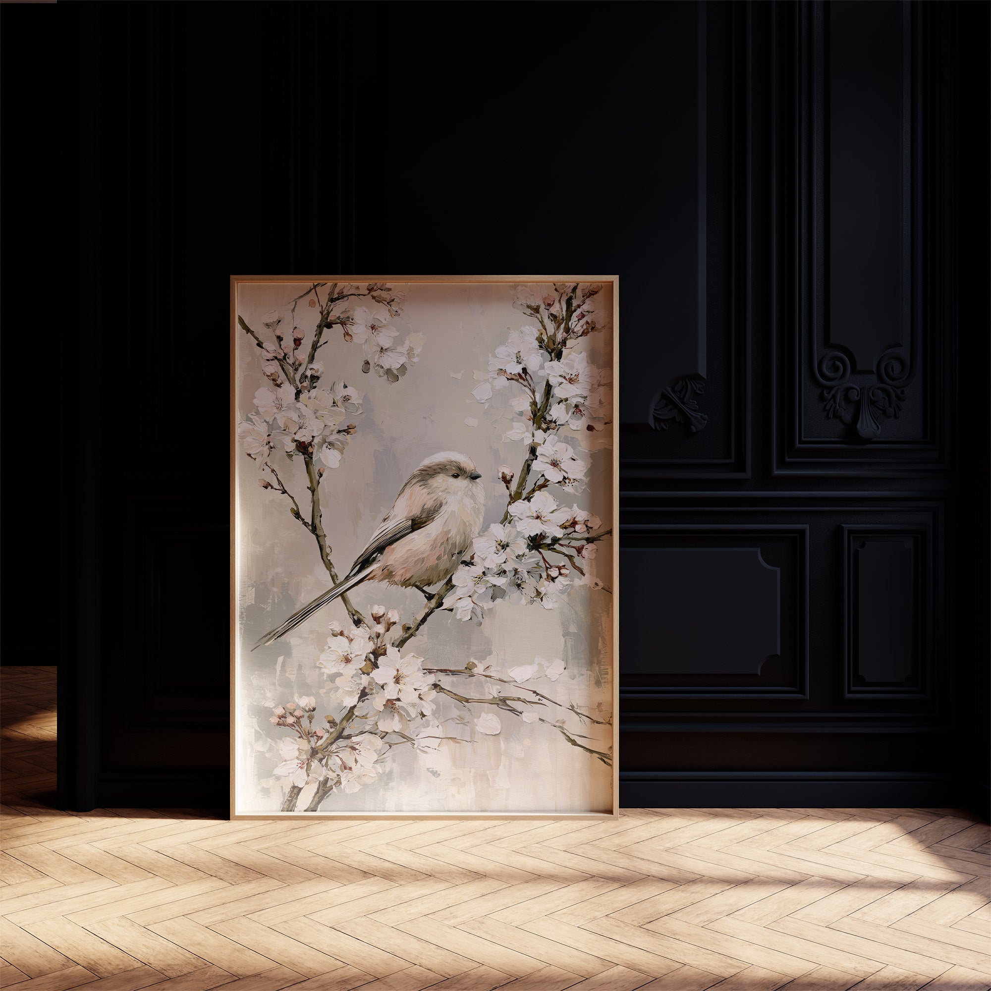 Long-Tailed Tit in Cherry Blossoms — Grey Taupe Oil Painting