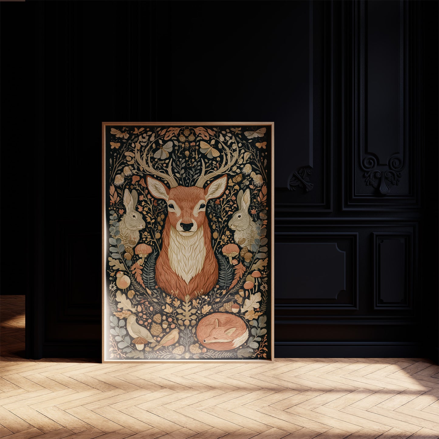 Woodland Tapestry — Dark Folk Art Deer and Forest Creatures