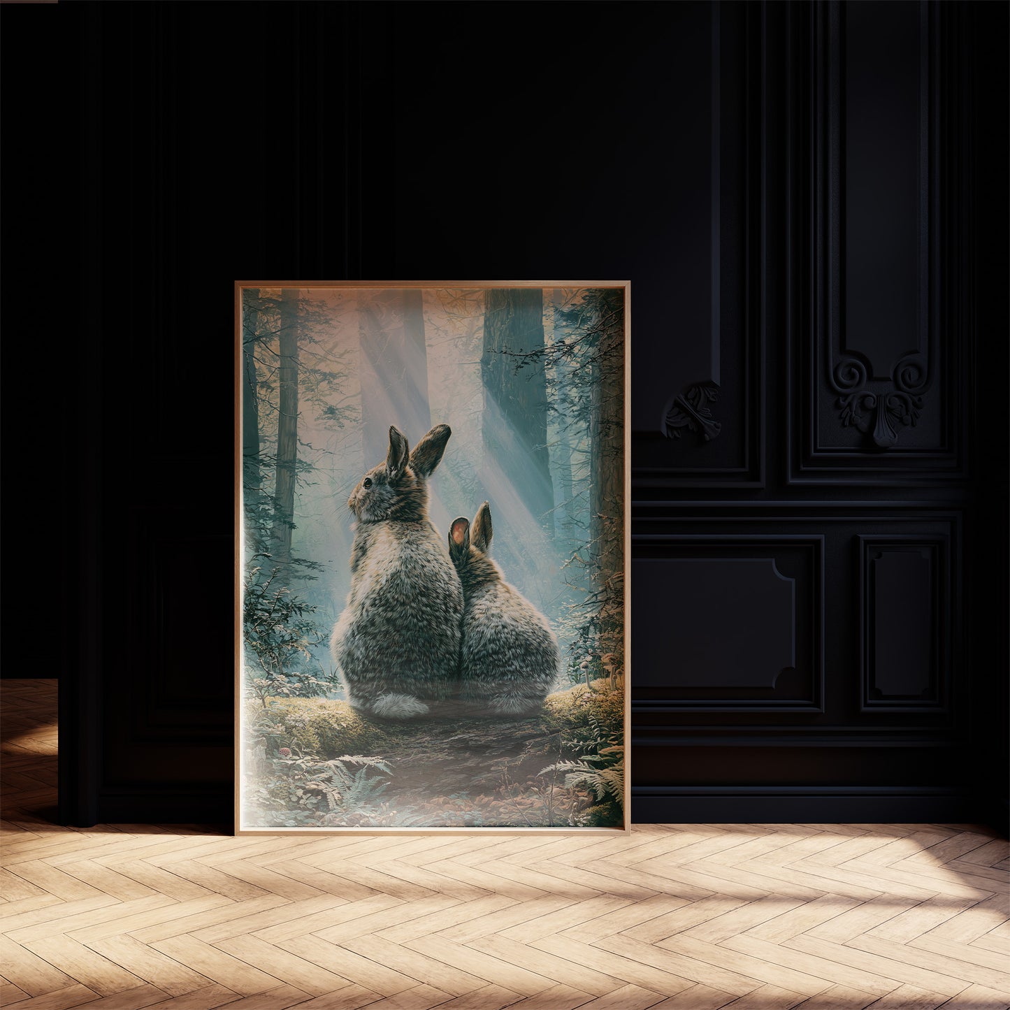 Two Rabbits in Morning Light — Forest Clearing Painting