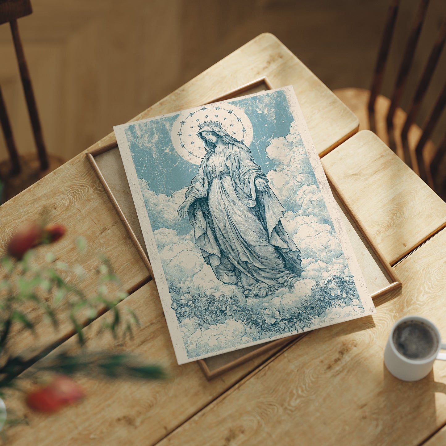 Our Lady of the Clouds — Vintage Blue Engraving Print