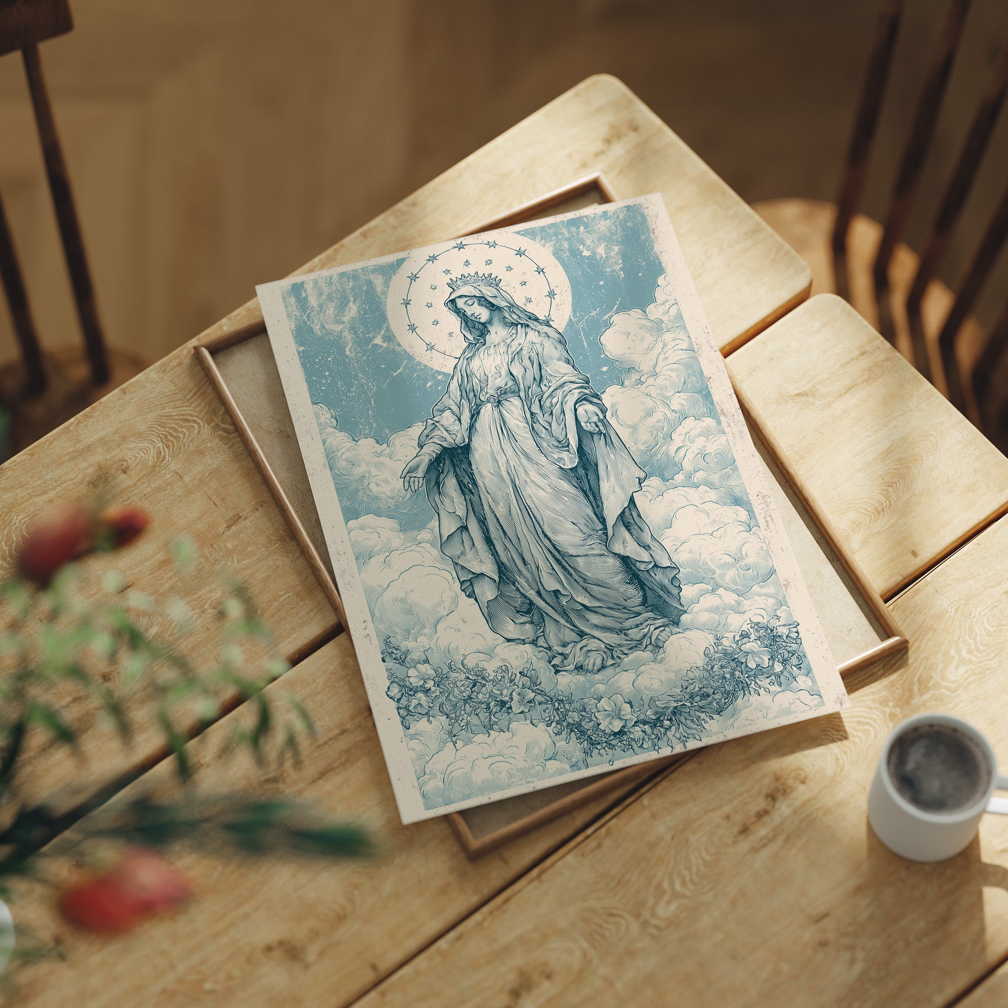 Our Lady of the Clouds — Vintage Blue Engraving Print
