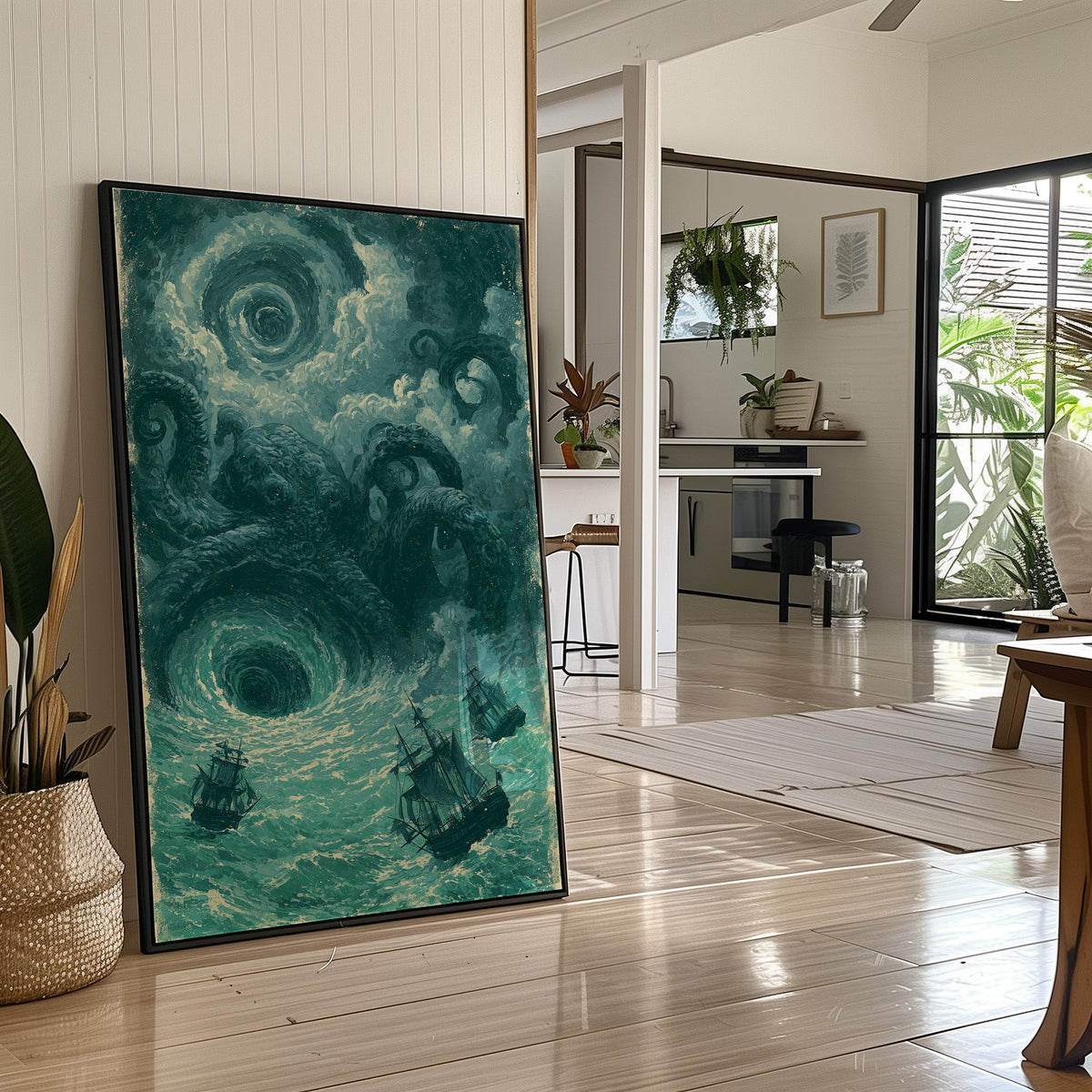 The Kraken and the Maelstrom — Teal Maritime Horror Print