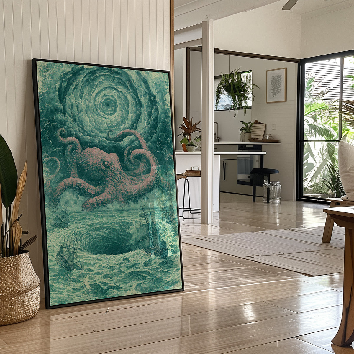 The Kraken and the Fleet — Pink and Teal Maritime Horror Print