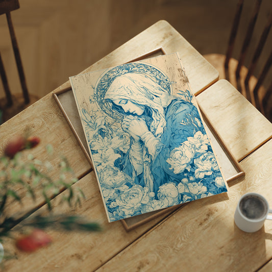 Madonna in Lilies — Cobalt Blue Devotional Engraving