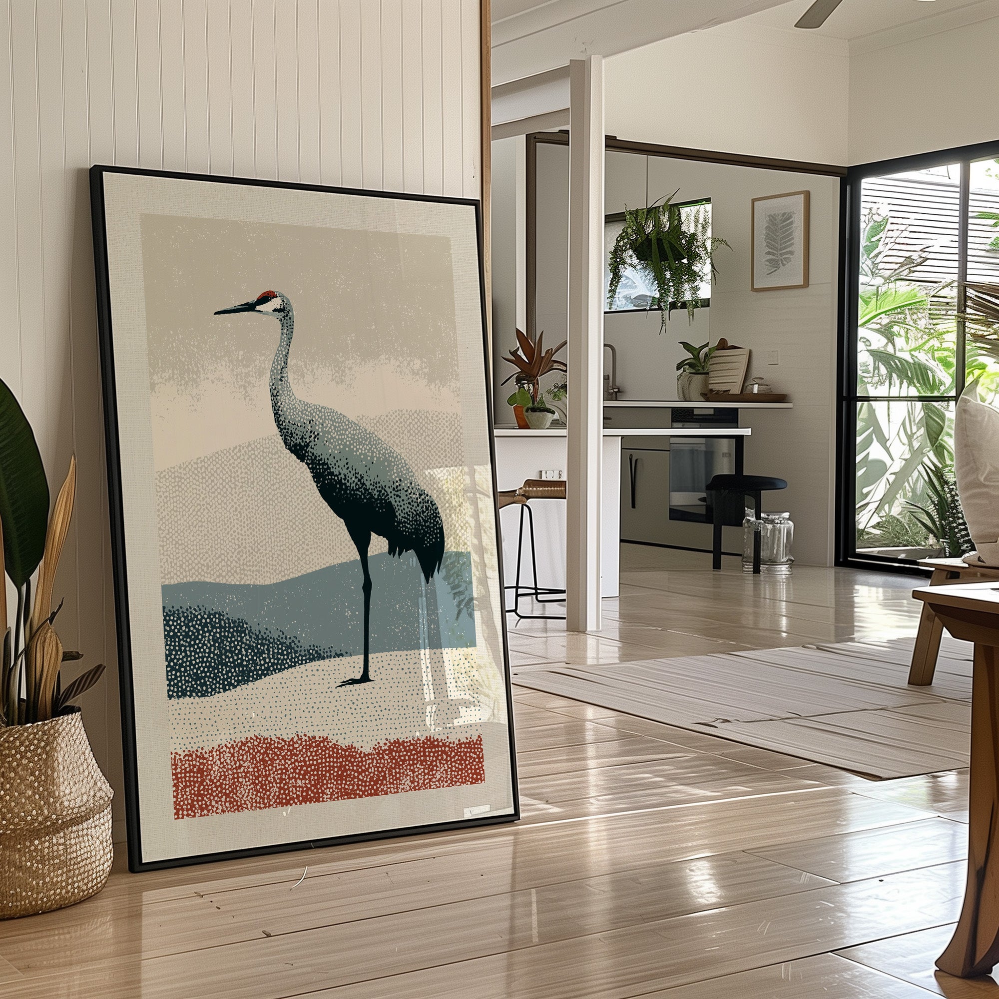 Stippled Crane: A Halftone Landscape
