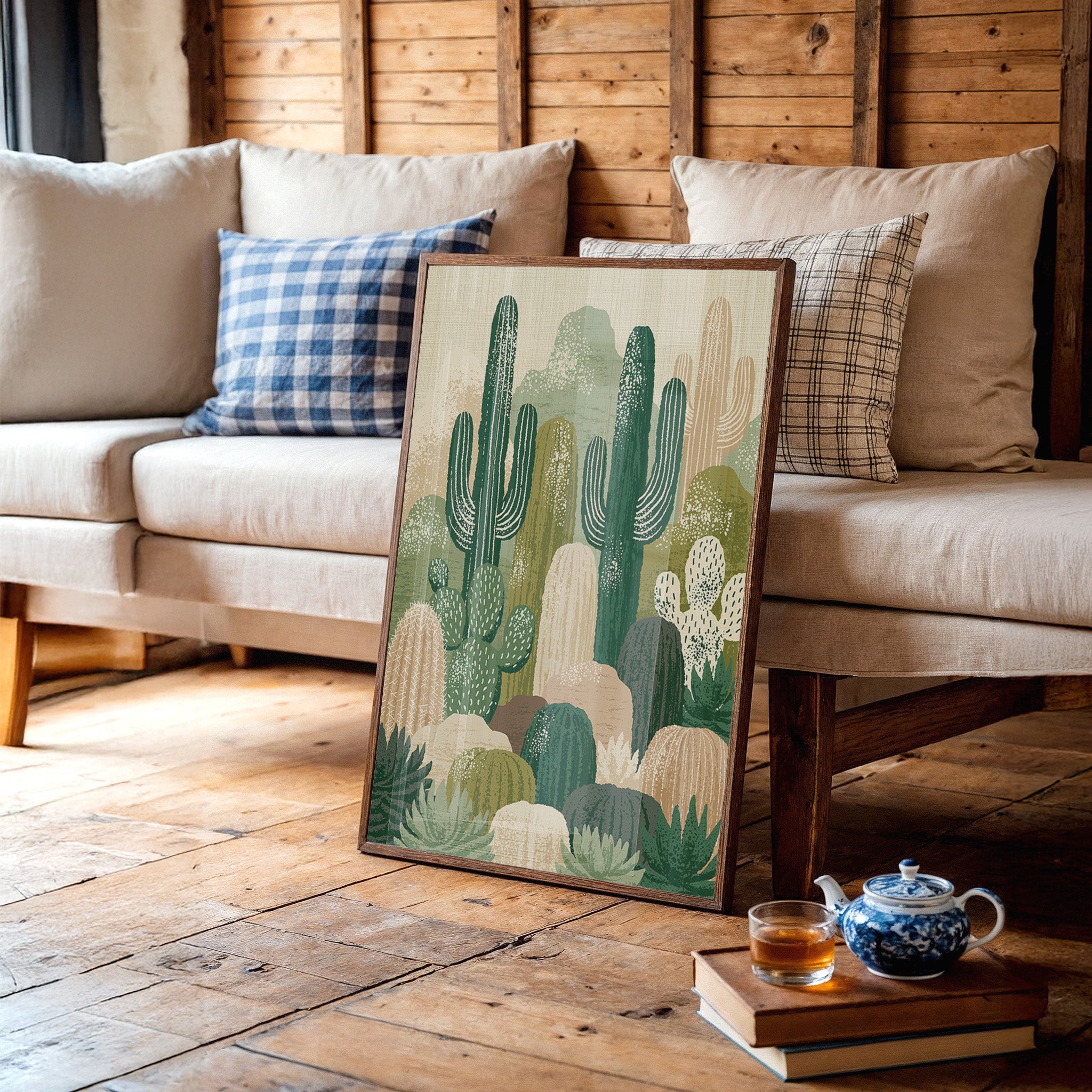 Twin Saguaros: Cactus Collage in Green & Tan