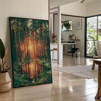 Golden Hour Reflections: Pine Forest at Sunset