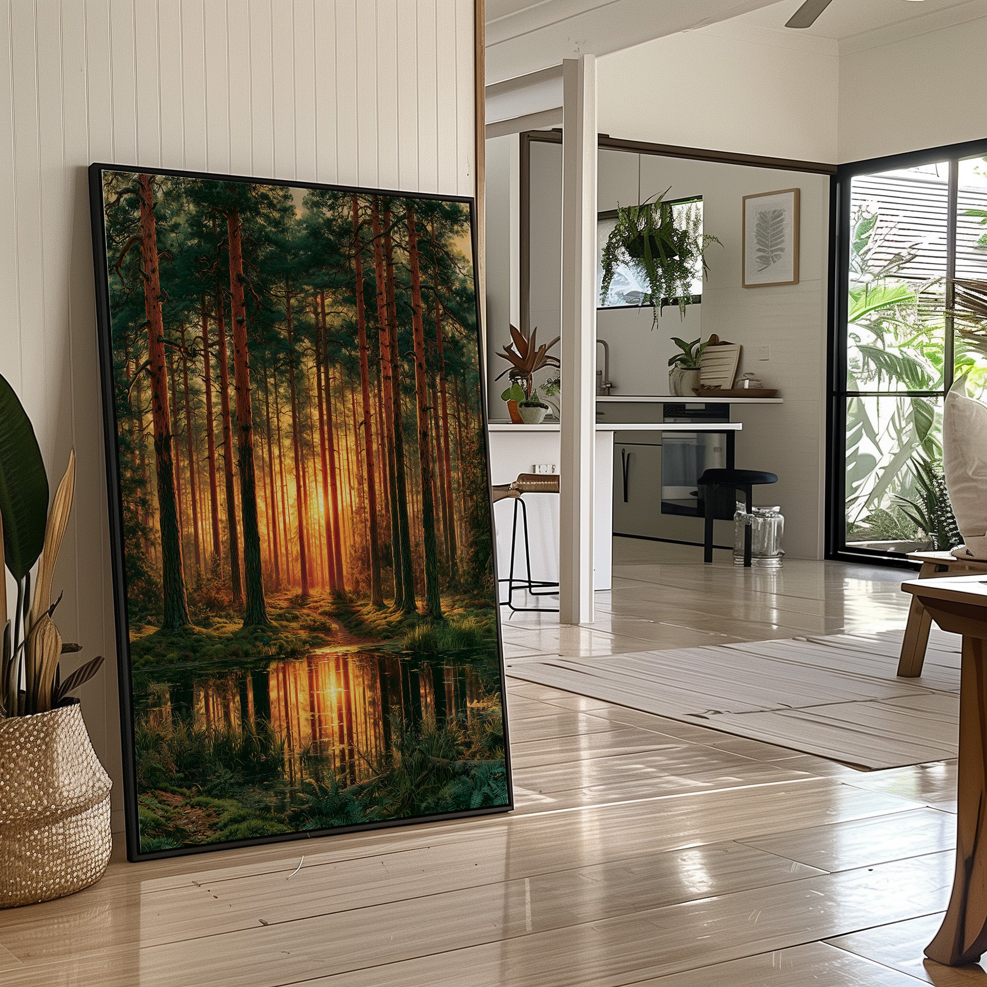 The Sunlit Path: Pine Forest Reflection at Dusk