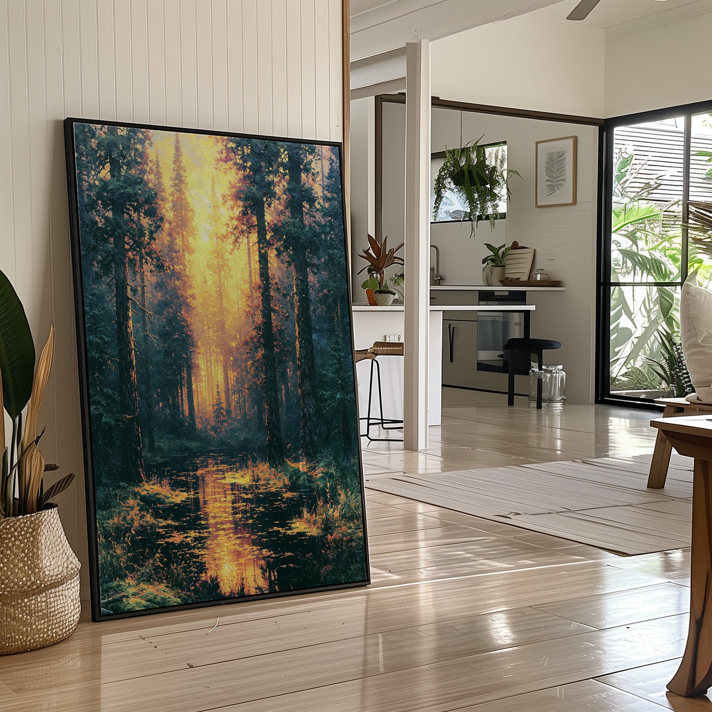 Blazing Grove: Impasto Forest Stream at Sunset