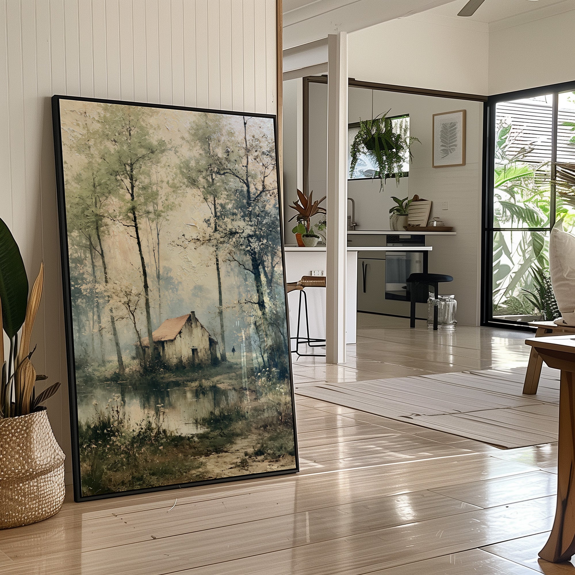 The Weathered Cottage: Misty Woodland Reflection