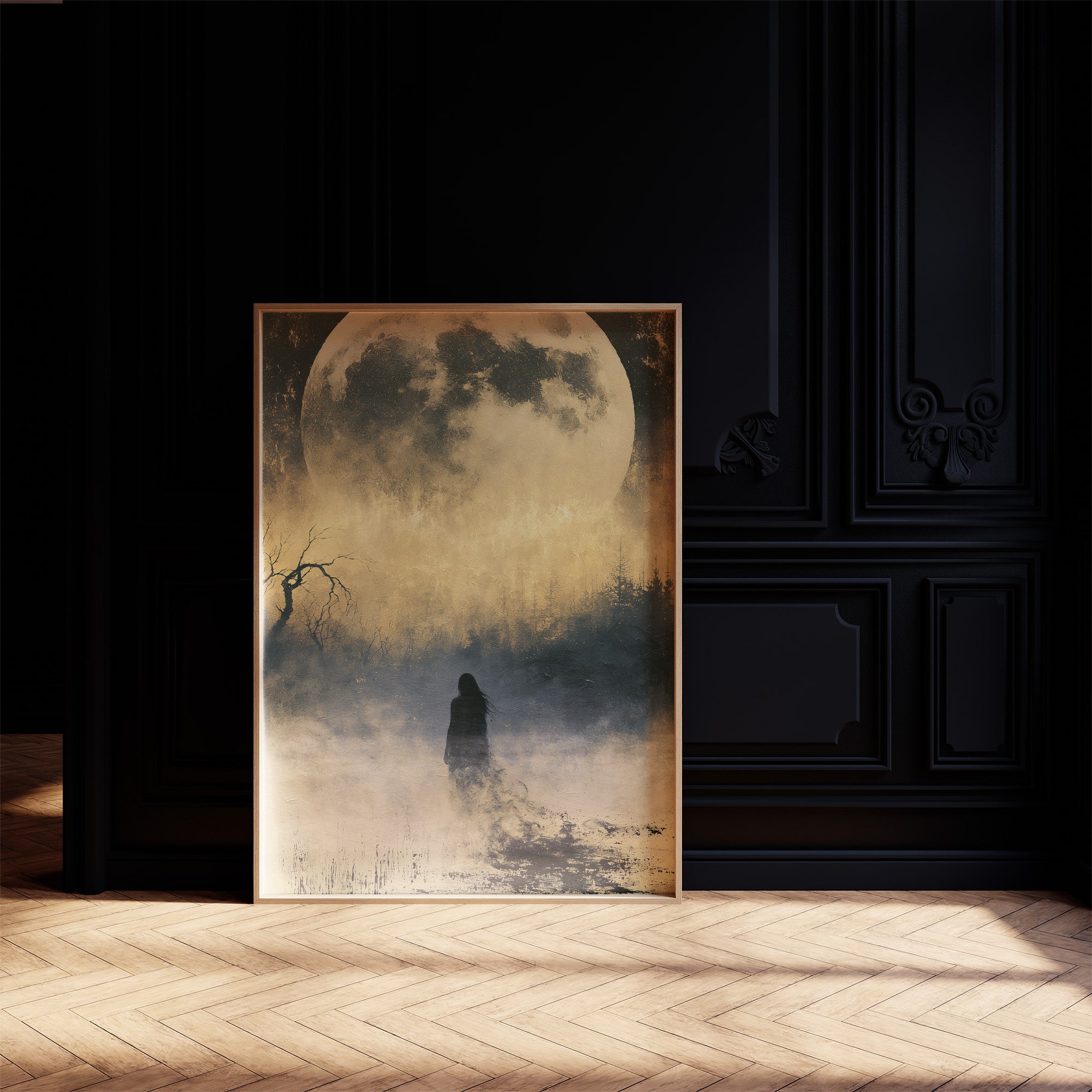 Lost in the Fog: Distant Figure and Moon