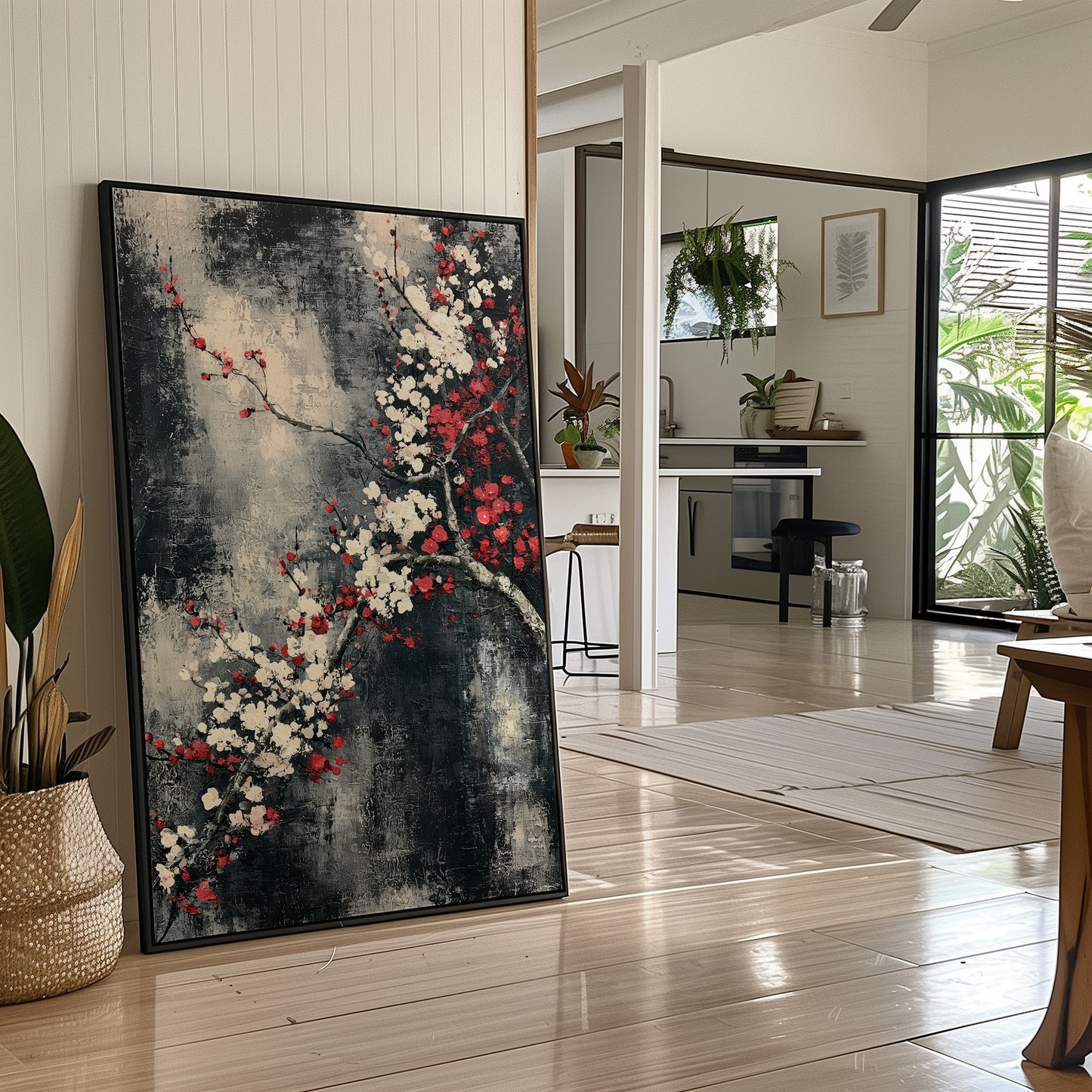 Cherry Blossoms on Charcoal Silk
