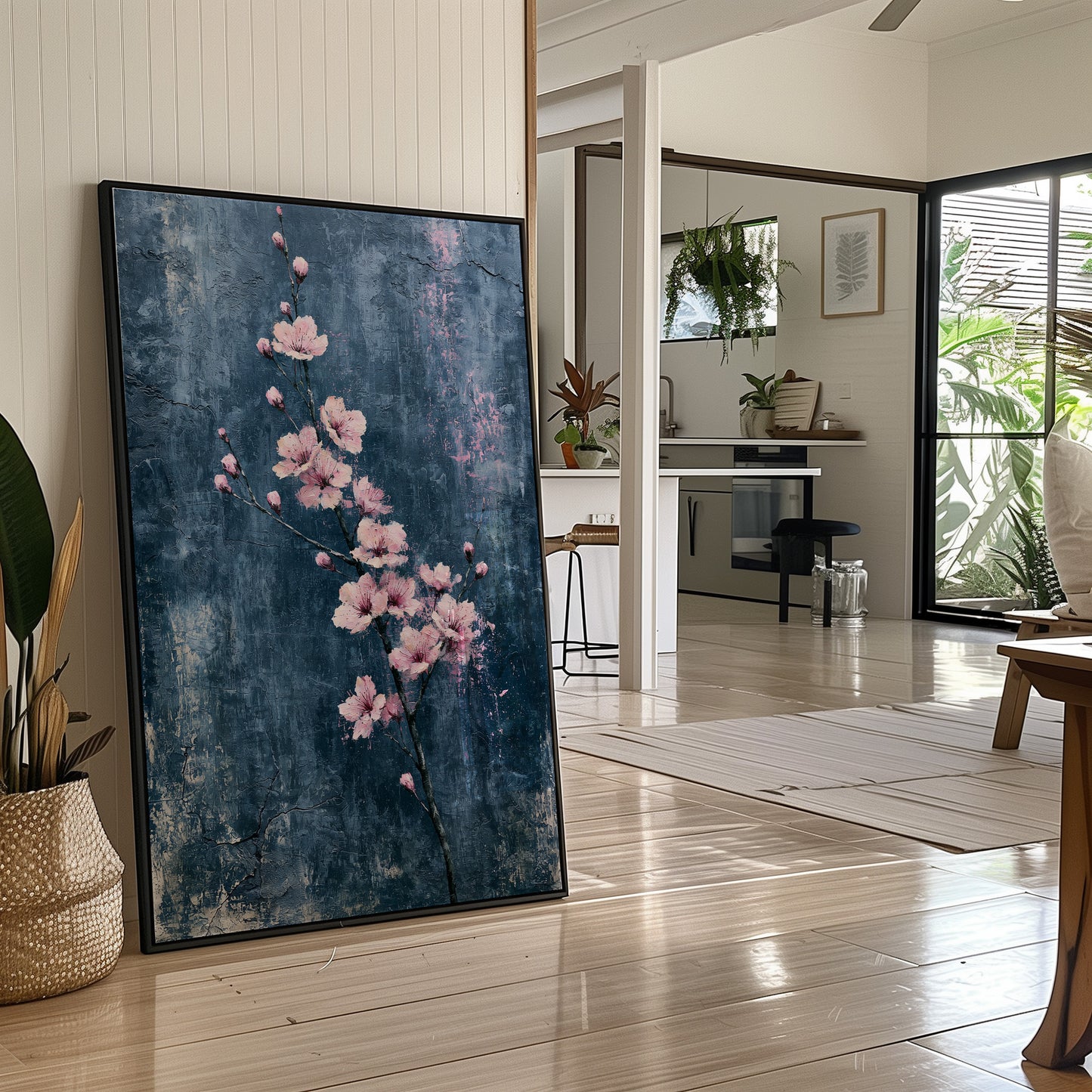 Pink Blossoms on Weathered Denim Blue